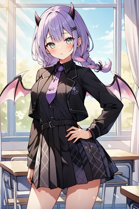 (masterpiece, best quality), intricate details,
1girl, <lora:tokoyami towa 5:0.8> towaschool, low twin braids, black shirt, black skirt, pleated skirt, collared shirt, purple necktie, demon horns, demon wings,
indoors, sschool, classroom, desks, textbooks, school supplies,
