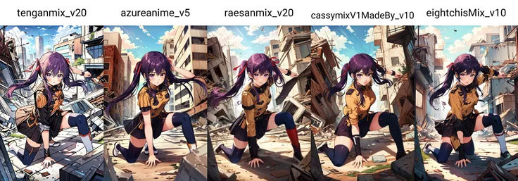 (masterpiece, best quality), intricate details,
1girl, <lora:kurumin_v01:0.8> ebikurumi, purple hair, twintails,
outdoors, post-apocalypse, destroyed city, broken skyscraper, rubble, debris, superhero landing, <lora:gmuniform-nvwls-v1:0.8> gmuniform, blue thighhighs