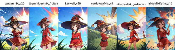 (masterpiece, best quality), intricate details,
1girl, <lora:megumin-10:0.8> megumin, short hair, dress, red dress, hat, witch hat, belt
outdoors, grass, field, meadow, wind, crater, explosion,