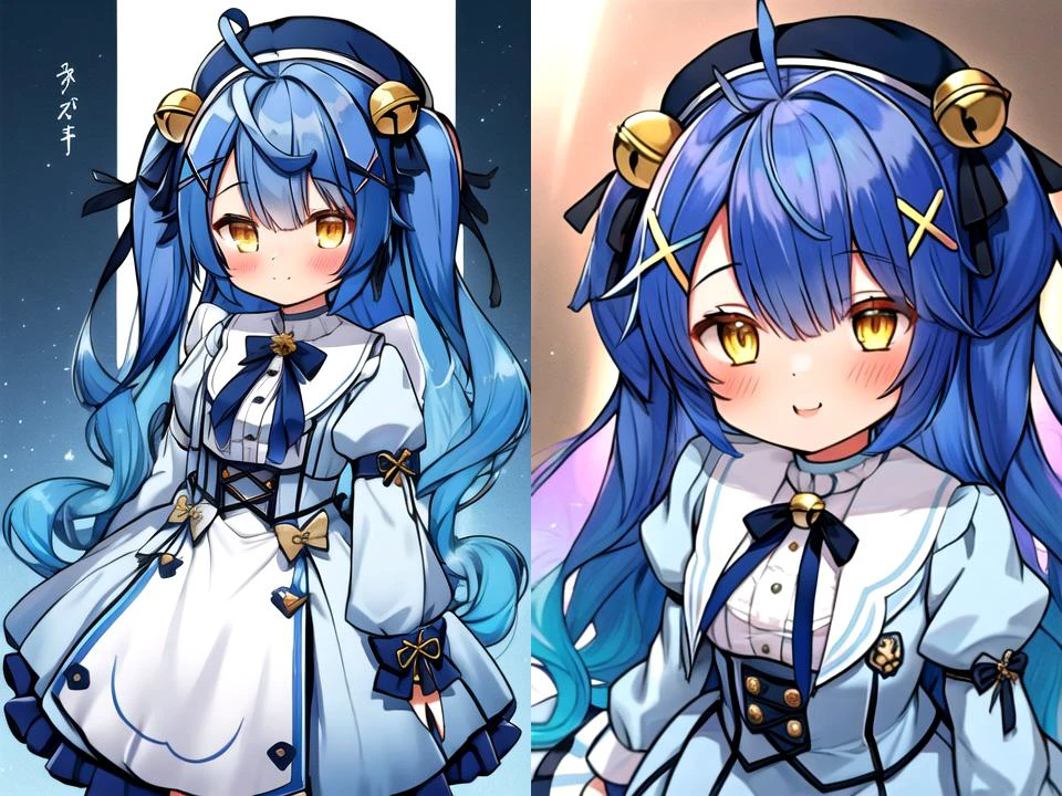 <lora:é¿åµåµamamya_nijisanji_v1:0.7>,masterpiece,best quality,exceptional,ultra-detailed,1girl,blue very long hair,yellow eyes,hair bell,hat,x hair ornament,black beret,grey jacket,ahoge,long sleeves,two side up,puffy sleeves,blue jacket,juliet sleeves,multicolored gradient hair,full_shot,EasyNegative,