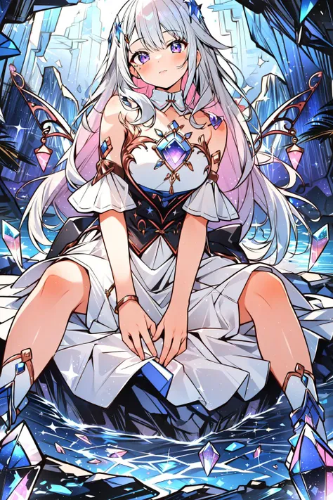(masterpiece, best quality), intricate details,
1girl, <lora:KitsuneAi-KosekiBijou-LoCon32-V0_5-000008:0.8> koseki bijou, white dress, detached sleeves, bare shoulders, wings, strapless, crystal, collarbone, short sleeves, white sleeves, strapless dress, boots
sitting on rock, underground, glowing crystals, cavern, cave,