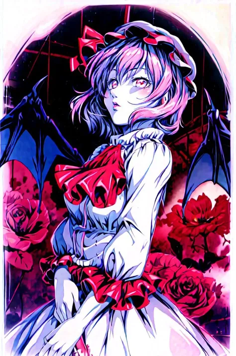 masterpiece, best quality, <lora:bb-style:0.8>, <lora:add_detail:1>, <lora:remilia:0.7>, 1girl, solo, remilia scarlet, hat, wings, bat wings, umbrella, red eyes, flower, hat ribbon, mob cap, ribbon, dress, ascot, looking at viewer, pink hair, long sleeves, short hair, rose, pink dress, parasol, bow, skirt set, puffy sleeves, shirt, skirt, pink flower, pink rose,