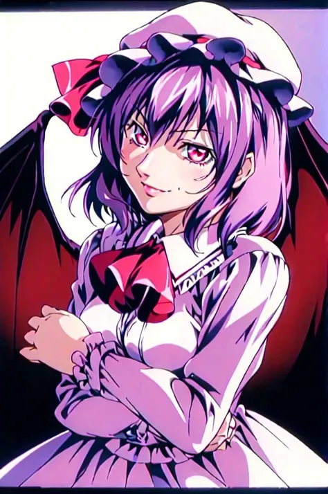 <lora:bb-style:0.8>, masterpiece, best quality, warm lighting, rich living room, detailed background, <lora:remilia:0.8>, remilia scarlet, 1girl, solo, smug evil smile, remilia scarlet, hands on chest, hat, wings, bat wings, red eyes, hat ribbon, mob cap, ribbon, dress, ascot, looking at viewer, purple hair, long sleeves, short hair, rose, pink dress, parasol, bow, skirt set, puffy sleeves, shirt, skirt, <lora:GoodHands-vanilla:0.7>,