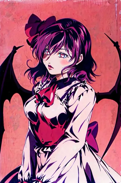 <lora:bb-style:0.9>, masterpiece, best quality, warm lighting, <lora:remilia:0.8>, mansion, (detailed background:1.2), <lora:bimbostyleFiveU:0.3>, 1girl, solo, remilia scarlet, hat, wings, bat wings, red eyes, hat ribbon, mob cap, ribbon, dress, ascot, looking at viewer, purple hair, long sleeves, short hair, rose, pink dress, parasol, bow, skirt set, puffy sleeves, shirt, skirt,