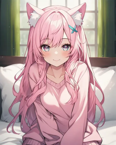 super fine illustration, an extremely cute and beautiful girl with pink cat ears, highly detailed beautiful face and eyes, beautiful pink hair, solo, long hair, straight hair, plain pink sweatshirt, smile, small breasts, [mature female], solo, no print sweatshirt, cowboy shot, half-closed eyes, animal ear fluff, sitting,