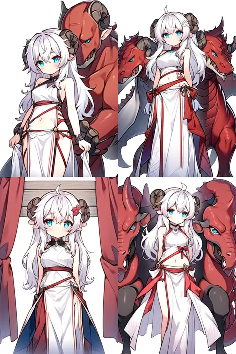 1girl,<lora:dragonian_race:0.9>,dragon_girl,white hair,long hair,(2 curled_horns,dragon_horns),blue eyes,standing,white_background,(pelvic_curtain:1.1),arms behind back,