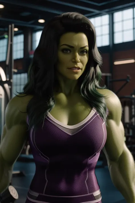 cinematic photo she-hulk with each controlled movement, showcases her exceptional control over her formidable strength, turning the gym into a showcase of her physical prowess, controlled power, impressive display, training mastery <lora:She_Hulk:0.8> . 35mm photograph, film, bokeh, professional, shot by robin hammond, 4k, highly detailed