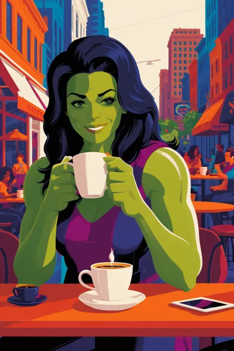 poster of <lora:She_Hulk:0.8> She-Hulk Enjoying Coffee in a Bustling Downtown Café . digital artwork by tom whalen, bold lines, vibrant, saturated colors <lora:Tom_Whalen_XL:1>