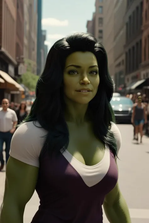 cinematic photo Candid Photo of She-Hulk, in a bustling city street, with natural, candid lighting, revealing her everyday interactions with people <lora:She_Hulk:0.8> . 35mm photograph, film, bokeh, professional, shot by girma berta, 4k, highly detailed