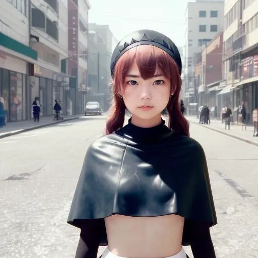 mmksc, masterpiece, best quality, 1girl, looking at viewer, cape, dress, headpiece, bracers, panties, short shorts, thighhighs, reaching towards viewer, looking at viewer, walking in city, upper body <lora:mmks_clean:-1.0>