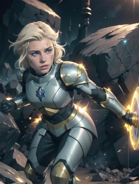 Pike trickfoot, standing, yellow magic bubble shield around her, action, holding ground, battlefield, shattered earth, rocks flying  (8k, RAW photo, best quality, masterpiece:1.2),ultra-detailed, (high detailed skin:1.2), 8k uhd, dslr, soft lighting, high quality,   <lora:Pike_Trickfoot_Vox_Machina_v1:0.65>