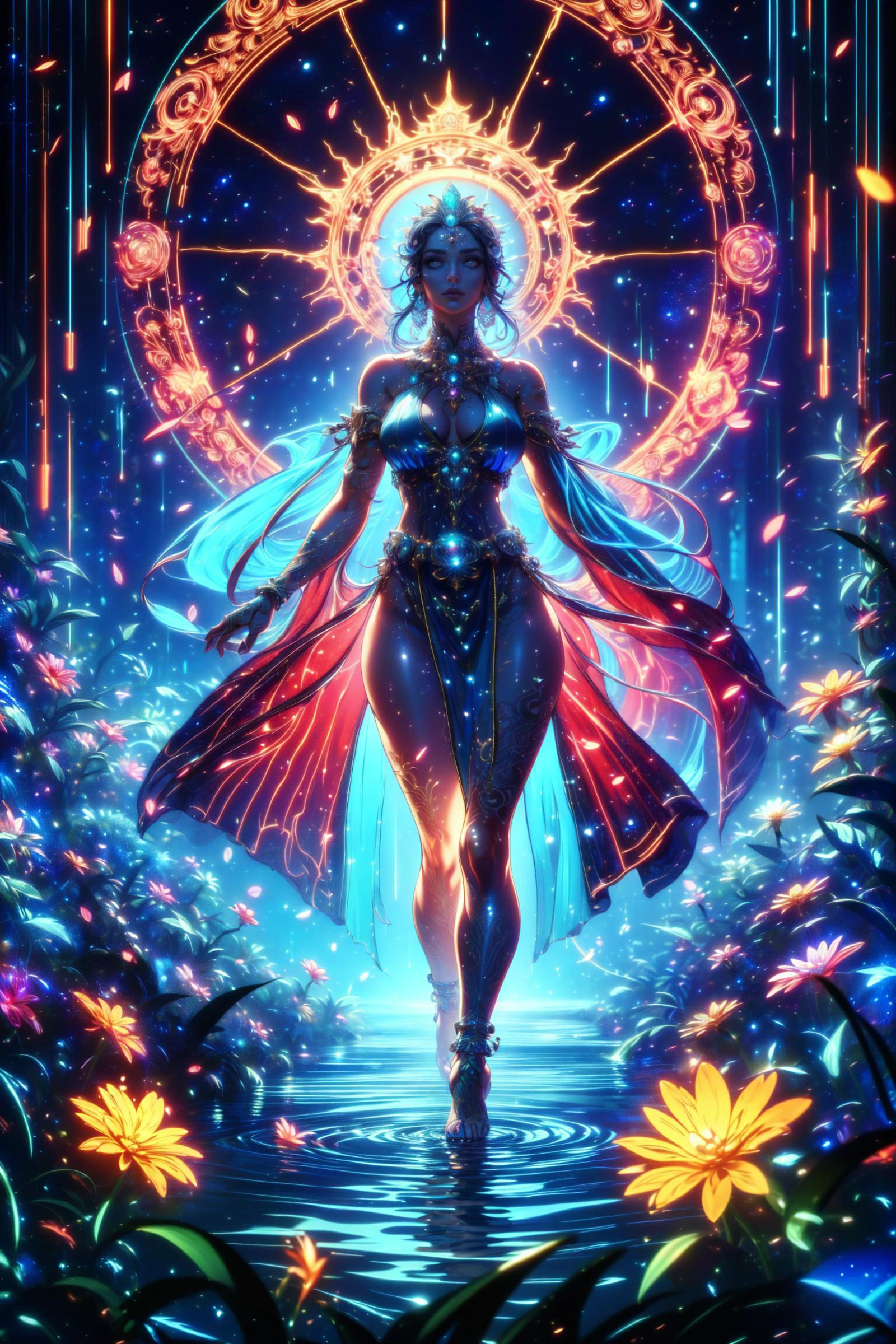 ((Giant goddess,Styx,flower:1.2)),(raise arms),(perfect composition),photobash,(insane detailed),(realistic,ultra-realistic:1.2),
(kaleidoscope,halo,magic circle,constellation:1.3),(natural beauty,Entwined by plants,floating,(petals), water,ripples,standing on liquid:1.3),(Long floating hair,carefully cut hairstyle:1.3),(dramatic,imagination,Mythic,religion,Epic,space opera,Terrible hallucination,extremely absurd,beautiful and aesthetic,dreamlike:1.3),(loincloth,side slit,dress,pelvic curtain,clothing cutout,anklet,armlet,sandals:1.3),(realistic hands:1.3),
(anatomically correct),(Elegant charm,beautiful image,femme fatale:1.3),(athletic hourglass figure:1.4),(grey eyes,Realistic eyes:1.3),(perfect face,lipstick,heavy makeup:1.3),
<lora:xuer Chinese goddess_20240213010021:0.7>,<lora:20240304-1709534878700:0.5>,SAIBOSENLIN,GLOWING,glowing plants,(glowing tattoos:1.2),neon lights,<lora:DOPF-Highkey:-0.5>,low key,