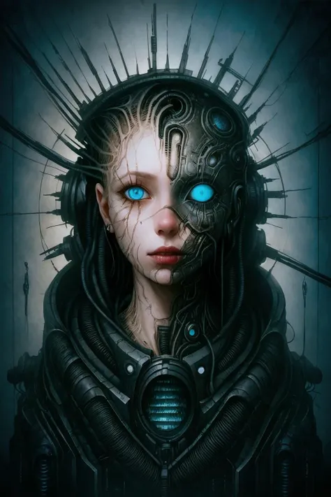 woman's bust is flying in the sky turning into alien spaceship, massive structure entangled by wires and tubes, woman's face with spiky implants instead of hair and blue eyes in front of a grunge background, a painting of a beautiful girl with bright blue eyes, edges of her face disappearing turning into wires, edges of face disappearing turning into wires and tubes, edges of face disappearing turning into wires, edges of her face and body disappearing turning into ribbons and paper cuts, face and body disappearing turning into wires, horrifying implants on the top of her head, grunge background, a close up portrait of a girl in style of AIDA_ColGruBioMec, (artwork by AIDA_ColGruBioMec:1.3) <lora:AIDA_ColGruBioMecV2:0.66>