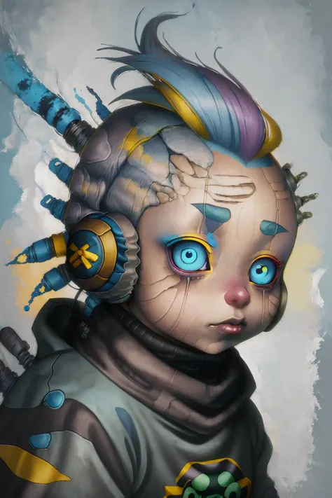 (masterpiece:1.3), an anime painting of a funny cyborg dwarf with rainbow colored implants going out of his head, headphones, gray turtle neck sweater, blue cyborg eyes, colorful grunge background with bright blue and yellow spots of color, close up portrait in style of AIDA_ColGruBioMec, (artwork by AIDA_ColGruBioMec:1.3) <lora:AIDA_ColGruBioMecV2:0.9>