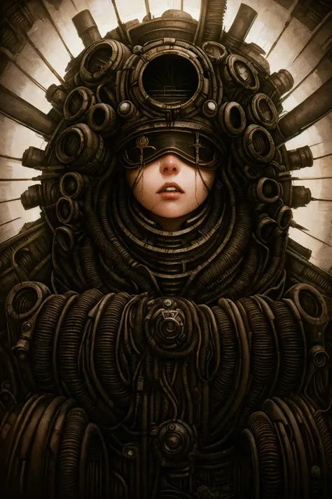 a painting of a woman surrounded by a bunch of metal pipes and wires, girl is swollen by monster machine, engine equipped with tubes and air intakes covered with grilles, blindfold, a drawing in style of AIDA_ColGruBioMec, (artwork by AIDA_ColGruBioMec:1.3), no background <lora:AIDA_ColGruBioMecV2:0.66>