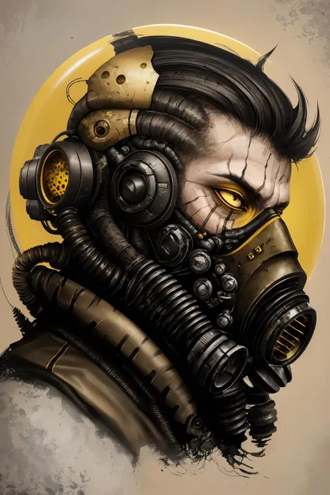 a profile of a male cyborg with a head supported by mechanical parts and wires, yellow eyes, black make up, grunge background, man in gas mask looking at yellow magic ball, grunge background, dirty beige background, (artwork by AIDA_ColGruBioMec:1.3), digital painting in style of AIDA_ColGruBioMec <lora:AIDA_ColGruBioMecV2:0.66>