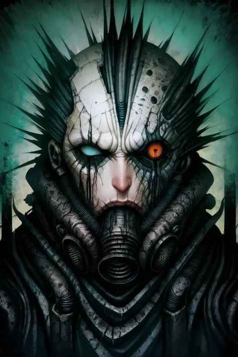 (masterpiece:1.3), a digital painting of a demonic looking creature with long hair and a creepy look on it's face, a portrait of a man holding bolt in his mouth, a close up of a person with eyes of different color and size, edges of face disappearing turning into wires and tubes, gas mask equipped with massive air intakes, dirty cyan background, grunge texture, one eye closed, cyan eye, orange eye, man's face with spiky implants instead of hair and blue eyes in front of a grunge background, edges of his face disappearing turning into wires, edges of face disappearing turning into wires and tubes, edges of face disappearing turning into wires, face and body disappearing turning into wires, horrifying implants on the top of her head, a drawing in style of AIDA_ColGruBioMec, (artwork by AIDA_ColGruBioMec:1.3) <lora:AIDA_ColGruBioMecV2:0.9>, (in style of H.R.Giger:1.1)