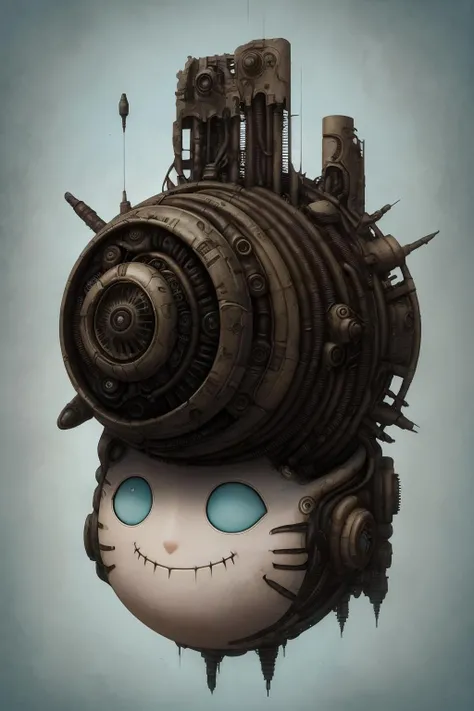 [happy] mechanical wale flying in the sky, rounded empty cyan eyes, [[smiling] wale with human face], skin covered by scars, (grunge background:1.3), drawing in style of AIDA_ColGruBioMec, wale flying in the sky and turning into engine entangled by wires and equipped with intakes (artwork by AIDA_ColGruBioMec:1.3) <lora:AIDA_ColGruBioMecV2:0.6>
