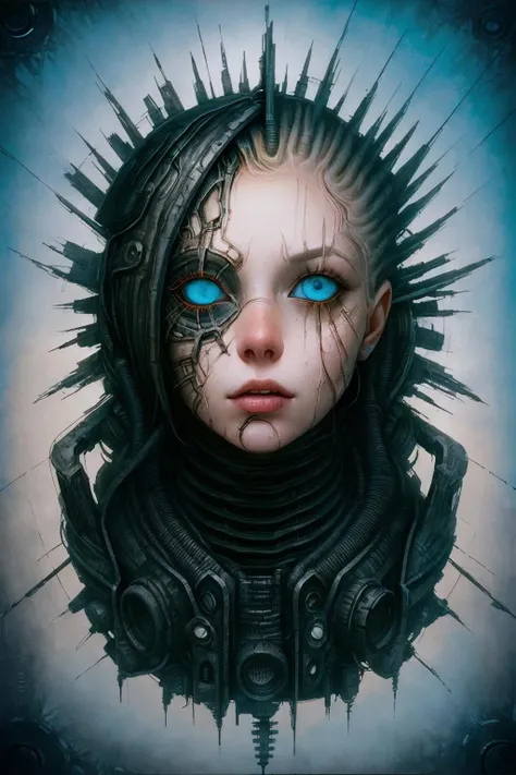 woman's bust is flying in the sky turning into alien spaceship, massive structure entangled by wires and tubes, woman's face with spiky implants instead of hair and blue eyes in front of a grunge background, a painting of a beautiful girl with bright blue eyes, edges of her face disappearing turning into wires, edges of face disappearing turning into wires and tubes, edges of face disappearing turning into wires, edges of her face and body disappearing turning into ribbons and paper cuts, face and body disappearing turning into wires, horrifying implants on the top of her head, grunge background, a close up portrait of a girl in style of AIDA_ColGruBioMec, (artwork by AIDA_ColGruBioMec:1.3) <lora:AIDA_ColGruBioMecV2:0.66>