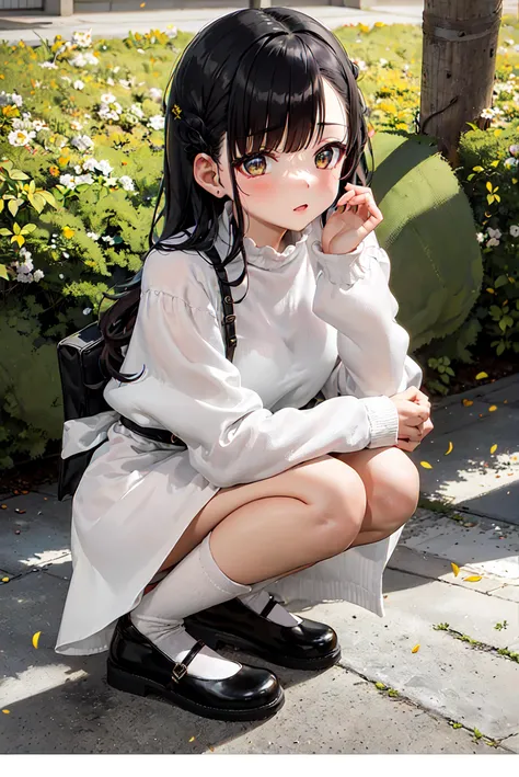 masterpiece, best quality, 1girl, black hair, solo,white dress, socks, long sleeves,(mary_janes), <lora:mary_janes_v0.2:0.6>,squatting, outdoors, sunlight, shoes focus