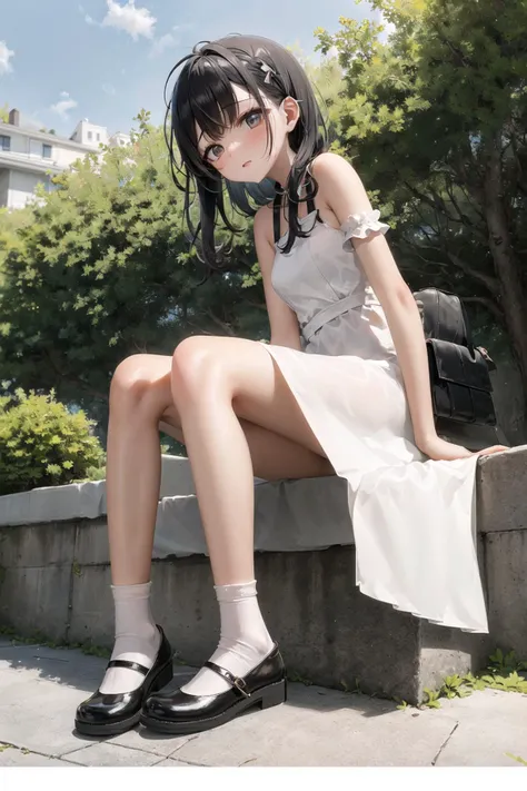 masterpiece, best quality, 1girl, black hair, solo,white dress, socks,(mary_janes), <lora:mary_janes_v0.2:0.6>,sitting, outdoors, sunlight, shoes focus