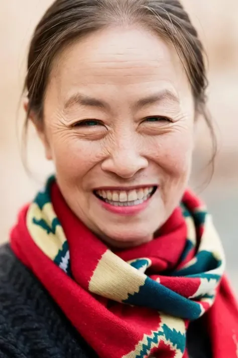 1women,Best quality, masterpiece, ultra high res,(photorealistic:1.4), proscenium,Red clothes,Green scarf, looking at viewer, beaming smile,deep shadow, low key, golden hour, <lora:zhangshaohua:0.8>