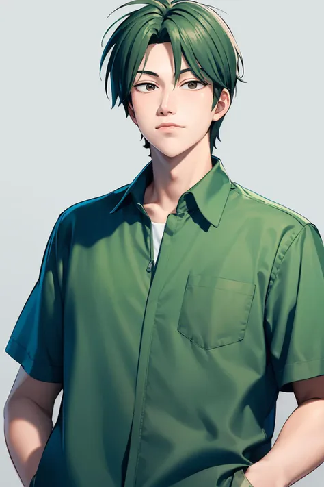 (masterpiece, high quality, highres:1),1boy,solo,<lora:fkmt-wasabiya:1>,fkmt,male focus,(brown eyes , green hair ),upper body,night ,adult ,hands in pockets, simple background,