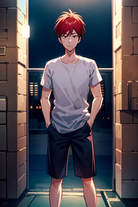 (masterpiece, high quality, highres:1),1boy,solo,<lora:fkmt-wasabiya:1>,fkmt,male focus,(black eyes , red hair ),feet out of frame,night ,young , topless, hands in pockets,