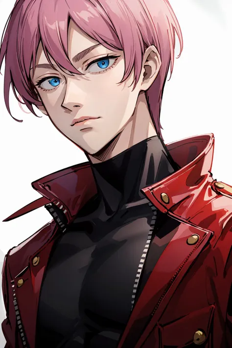 (masterpiece, high quality, highres:1),1boy,solo,<lora:fkmt-wasabiya:1>,fkmt,male focus,(blue eyes , pink hair ),portrait,day ,