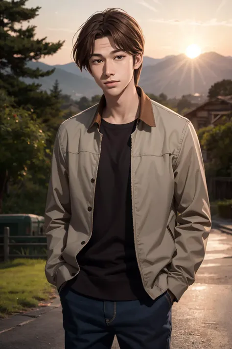 (masterpiece, high quality, highres:1),1boy,solo,<lora:fkmt-wasabiya:1>,fkmt,male focus,(brown eyes , brown hair ),head out of frame,sunrise ,adult ,hands in pockets,simple background,