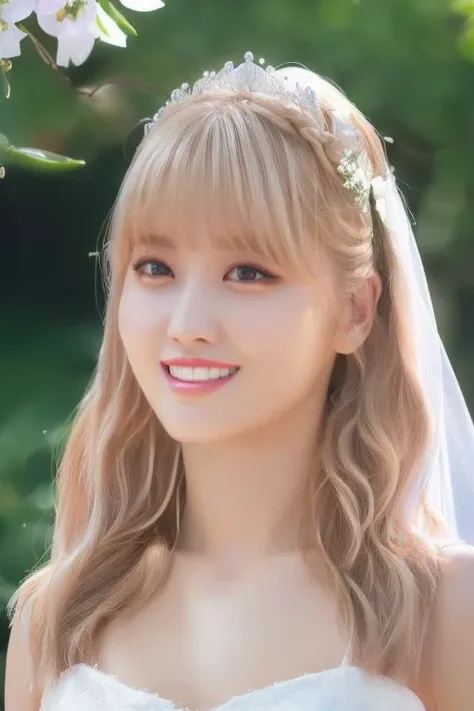 blond hair,bangs,<lora:twiceMomoV1:1>,Momo,Eunha(close-up photo:1.2),(pov:1.1),korean, woman, complex 3d render ultra detailed, portrait of beautiful woman, smile, moody portrait, striking features, beauty, intricate details, dramatic composition, tension, contrast, texture, realism, high-quality rendering, stunning art, high quality, film grain, Fujifilm XT3,swirly bokeh,(realistic, photo-realistic:1.4),RAW photo,physically-based rendering,(looking at viewer:1.4),(8k, best quality, masterpiece:1.2),(full body shot:1.1),octane render,extremely detailed CG, unity 8k wallpaper,in forest,(studio soft light,sunlight:1.3),standing,(a girl is wearing wedding dress:1.5),hyper realistic detail shiny skin,ultra detailed,(ultra realistic:1.5),(intricate:1.2),(photorealistic:1.4),1girl,(skinny:1.3),detailed background