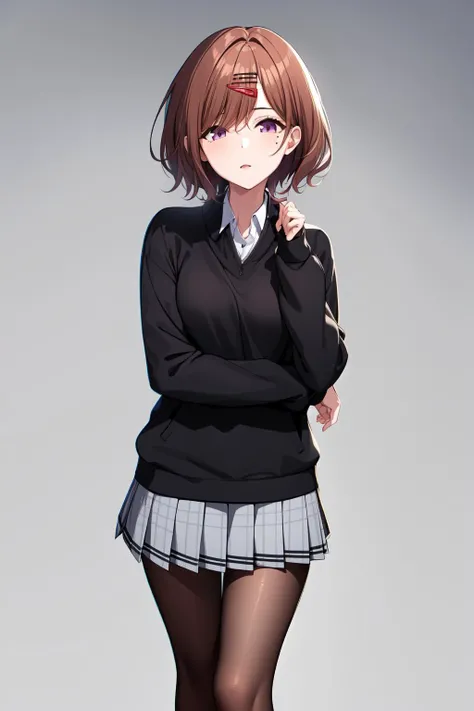 masterpiece, best quality, 1girl, solo, <lora:higuchi_madoka_V10:0.6>, higuchi madoka, brown hair, mole under eye, mole, hair ornament, hairclip, short hair, bangs, purple eyes, black pantyhose, miniskirt, pleated skirt, grey skirt, black sweater, long sleeves, collared shirt