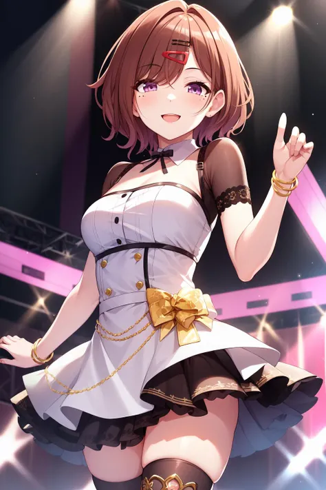 masterpiece, best quality, 1girl, solo, higuchi madoka, brown hair, mole under eye, hair ornament, hairclip, short hair, bangs, purple eyes, <lora:higuchi_madoka_V10:0.6>, cowboy shot, idol, idol dress, thighhighs, smile, on the stage