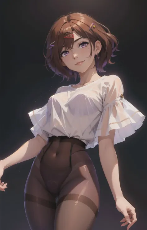 (masterpiece, best quality:1.2), 1girl , <lora:higuchi_madoka_V10:0.7> Higuchi Madoka, (brown hair, purple eyes, mole under eye, mole, hair ornament, hairclip, short hair, bangs), stare, ringed eyes, smile, see-through, closed mouth, ((dark background)), up close, ((white t-shirt, pantyhose, middle thighs)), <lora:colorize:0.6>