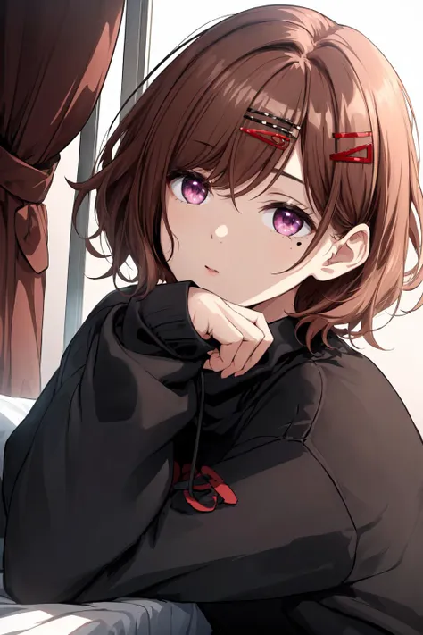 best quality,absurd res, 1girl,cinematic lighting,pantyhose, skirt, brown hair, mole under eye, mole, hair ornament, hairclip,short hair,, long sleeves, bangs, sweater, black sweater, purple eyes,
higuchi_madoka,simple white background,resting under their chin,cowboy shot
<lora:higuchi_madoka_V10:0.6>