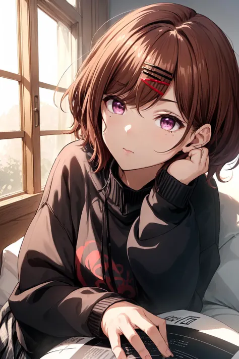 best quality,absurd res, 1girl,cinematic lighting,pantyhose, skirt, brown hair, mole under eye, mole, hair ornament, hairclip,short hair,, long sleeves, bangs, sweater, black sweater, purple eyes,
higuchi_madoka,simple white background,resting under their chin,cowboy shot
<lora:higuchi_madoka_V10:0.6>
