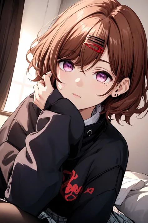 best quality,absurd res, 1girl,cinematic lighting,pantyhose, skirt, brown hair, mole under eye, mole, hair ornament, hairclip,short hair,, long sleeves, bangs, sweater, black sweater, purple eyes,
higuchi_madoka,simple white background,resting under their chin,cowboy shot
<lora:higuchi_madoka_V10:0.6>