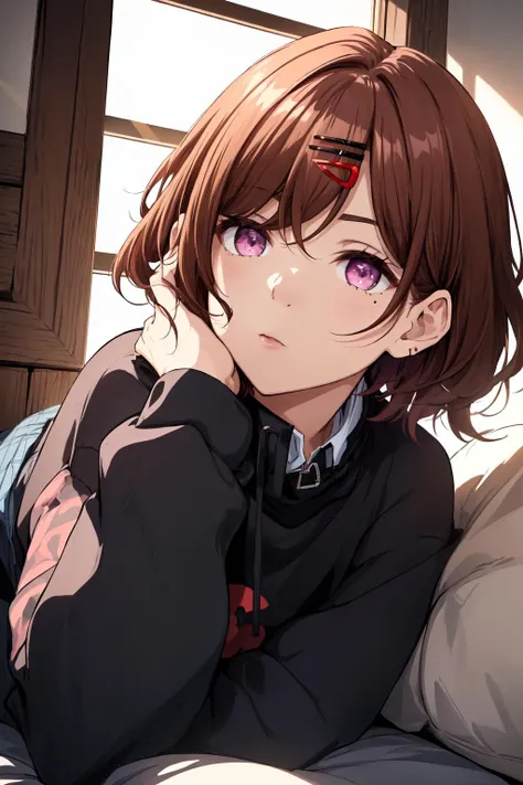 best quality,absurd res, 1girl,cinematic lighting,pantyhose, skirt, brown hair, mole under eye, mole, hair ornament, hairclip,short hair,, long sleeves, bangs, sweater, black sweater, purple eyes,
higuchi_madoka,simple white background,resting under their chin,cowboy shot
<lora:higuchi_madoka_V10:0.6>
