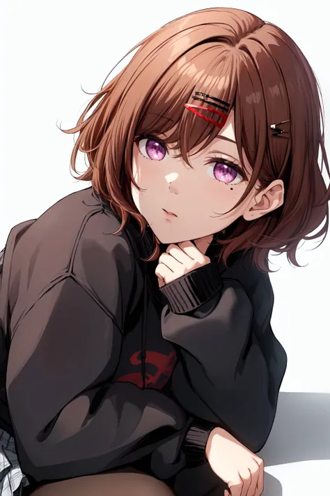 best quality,absurd res, 1girl,cinematic lighting,pantyhose, skirt, brown hair, mole under eye, mole, hair ornament, hairclip,short hair,, long sleeves, bangs, sweater, black sweater, purple eyes,
higuchi_madoka,simple white background,resting under their chin,cowboy shot
<lora:higuchi_madoka_V10:0.6>