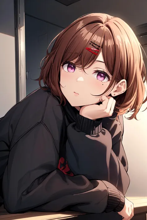 best quality,absurd res, 1girl,cinematic lighting,pantyhose, skirt, brown hair, mole under eye, mole, hair ornament, hairclip,short hair,, long sleeves, bangs, sweater, black sweater, purple eyes,
higuchi_madoka,simple white background,resting under their chin,cowboy shot
<lora:higuchi_madoka_V10:0.6>