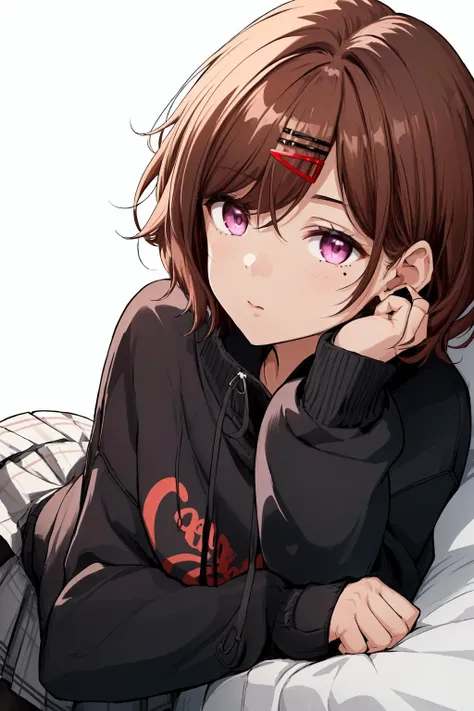 best quality,absurd res, 1girl,cinematic lighting,pantyhose, skirt, brown hair, mole under eye, mole, hair ornament, hairclip,short hair,, long sleeves, bangs, sweater, black sweater, purple eyes,
higuchi_madoka,simple white background,resting under their chin,cowboy shot
<lora:higuchi_madoka_V10:0.6>