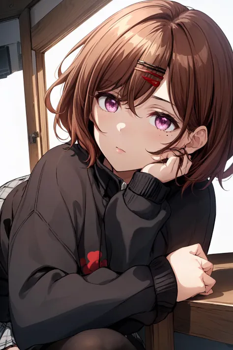 best quality,absurd res, 1girl,cinematic lighting,pantyhose, skirt, brown hair, mole under eye, mole, hair ornament, hairclip,short hair,, long sleeves, bangs, sweater, black sweater, purple eyes,
higuchi_madoka,simple white background,resting under their chin,cowboy shot
<lora:higuchi_madoka_V10:0.6>
