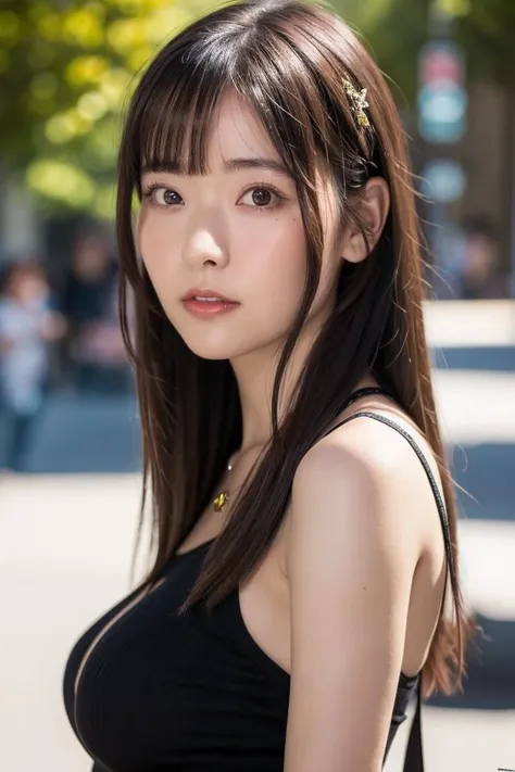 a woman posing on the street corner without dress on, best quality, 1girl, large breasts, day, bright, blur background, bokeh, outdoor, (street:0.8), (people, crowds:1