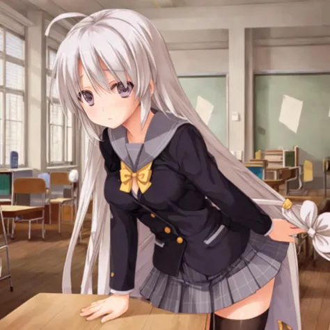 <lora:绫å°å®å®:0.75>,(1girl),(purple eyes:1.3),(white long hair:1.3),(ahoge:1.05),(school uniform:1.3),(yellow bow:1.1),(plaid skirt:1.1),(black legwear:1.3),breasts,