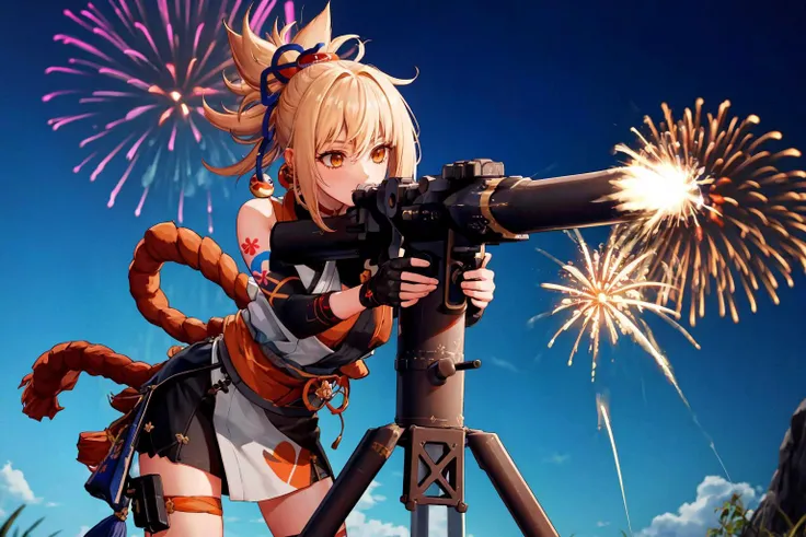 masterpiece, best quality, 1girl, solo, <lora:tow-concept-richy-v2:1> towlauncher, aiming, standing, leaning forward, <lora:genshinfull1:1> yoimiyadef, fireworks