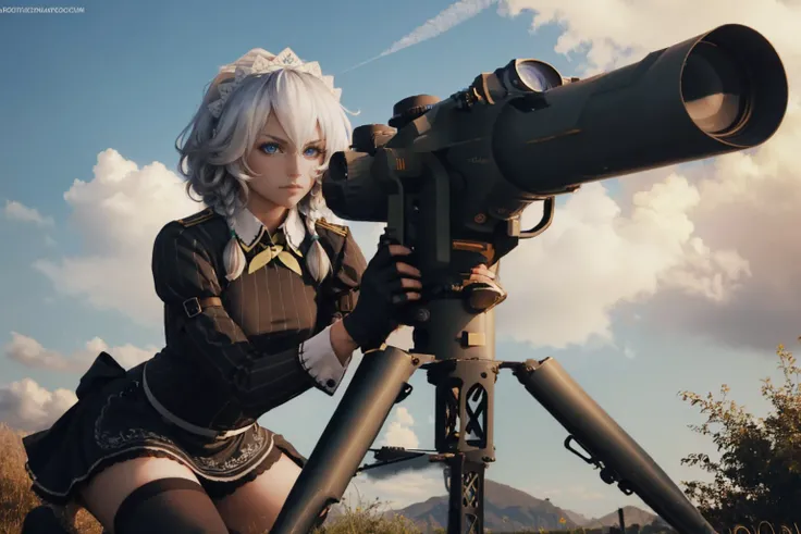 (masterpiece, best quality:1.2), <lyco:koumajoudensetsu_izayoi-10:0.8>, <lyco:tow-concept-richy-v2:1.0>, solo, 1girl, kdizayoi, serious, closed mouth, kneeling, towlauncher, tripod, scope, twin braids, maid headdress, maid, striped, thighhighs, fingerless gloves