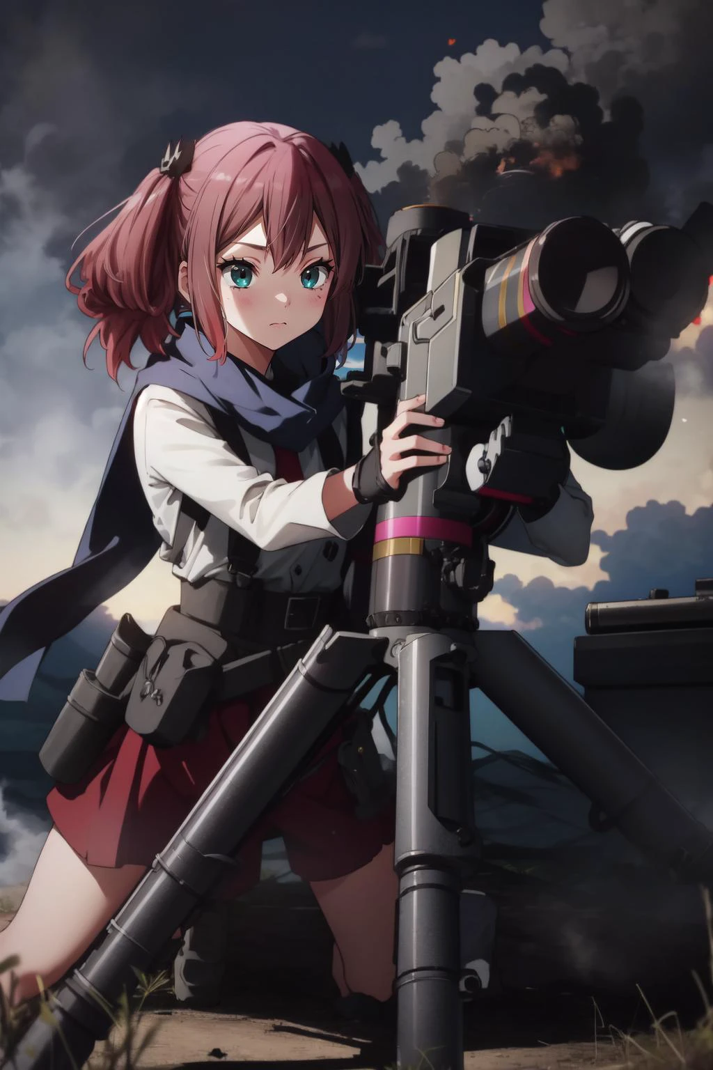 (masterpiece, best quality), intricate details,
1girl, <lora:shichimiya:0.8> satone shichimiya,
<lora:tow-concept-richy-v2:0.8> towlauncher, tripod, scope, battlefield, explosion, debris, smoke, <lora:LowRA:0.6>