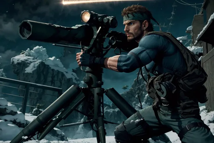 masterpiece, best quality, 1boy, solo, <lora:tow-concept-richy-v2:1> towlauncher, scope, aiming, leaning forward, tripod, headband, ear protection, facial hair <lora:solidsnake-nvwls-v1-final:1>, solid snake, blue bodysuit
