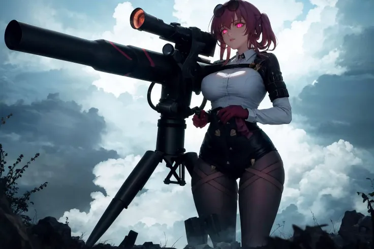 masterpiece, best quality, 1girl, solo, <lora:tow-concept-richy-v2:1> towlauncher, scope, aiming, tripod, from below, (standing, large breasts, wide hips:0.9), darkness, glowing eyes, <lora:kafka-hsr-richy-v1:1> kafka