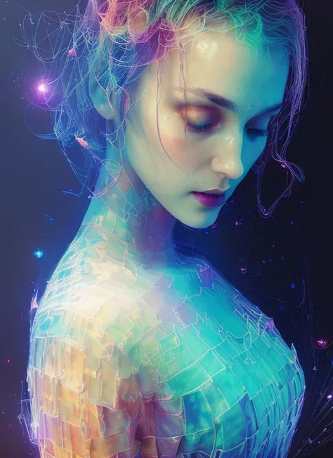 (chromaV5:1.2) a woman by agnes cecile, luminous design, pastel colours, ink drips, autumn lights